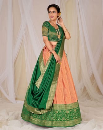 Orange And Green Kanjivaram Silk Zari Woven Lehenga Choli