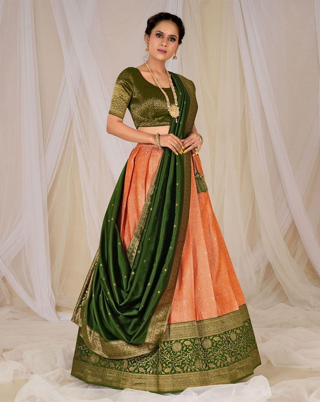 Orange And Mehendi Kanjivaram Silk Zari Woven Lehenga Choli