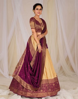 Peach And Purple Kanjivaram Silk Zari Woven Lehenga Choli