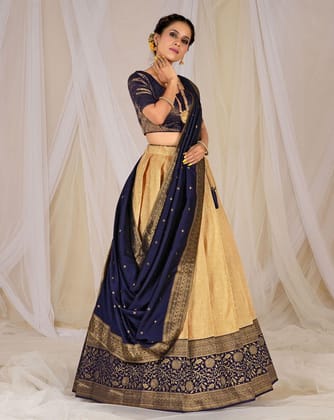 Peach And Navy Blue Kanjivaram Silk Zari Woven Lehenga Choli