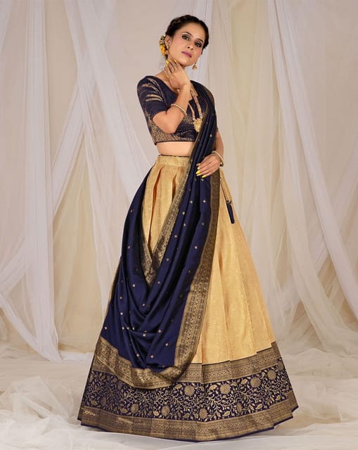 Royal Blue And Peach Bhagalpuri Silk Lehenga Choli - Lehengas Designer  Collection