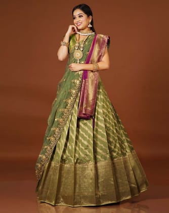 Mehendi And Wine Banarasi Silk Lehenga With Double Dupatta