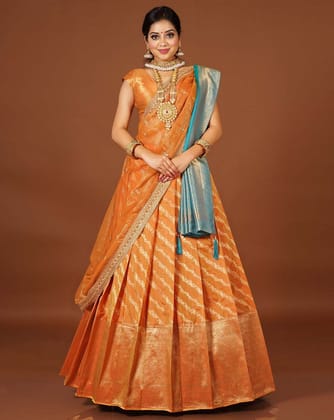 Musterd And Rama Banarasi Silk Lehenga With Double Dupatta