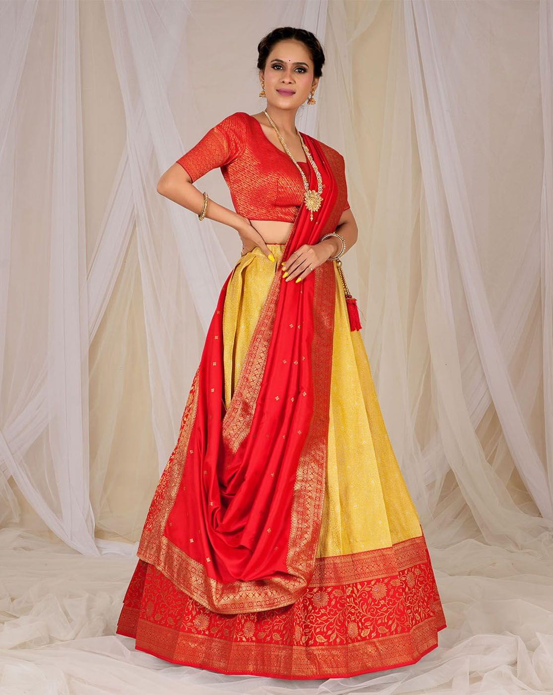 Yellow And Red Kanjivaram Silk Zari Woven Lehenga Choli