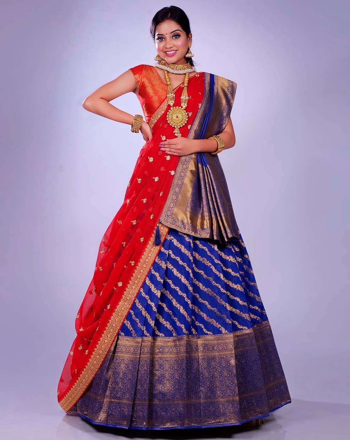 Navy Blue And Red Banarasi Silk Lehenga With Double Dupatta