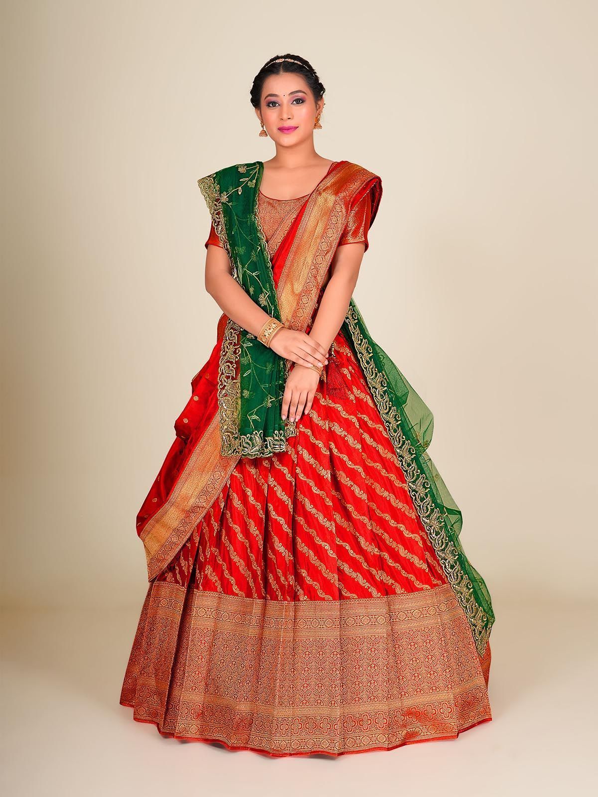 Red Green Banarasi Silk Lehenga With Unstitched Blouse And Dupatta