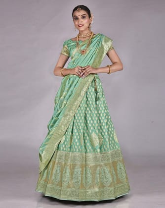 Sea Green Banarasi Silk Lehenga With Unstitched Blouse And Dupatta