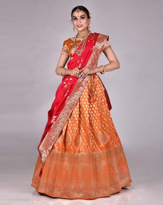 Gold And Red Banarasi Silk Lehenga With Unstitched Blouse And Dupatta