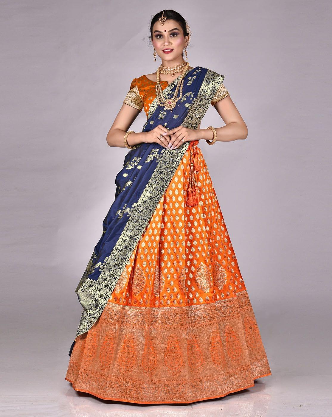 Classic Blue Fitted Blouse With Flared Lehenga - TALKING THREADS - 3911707