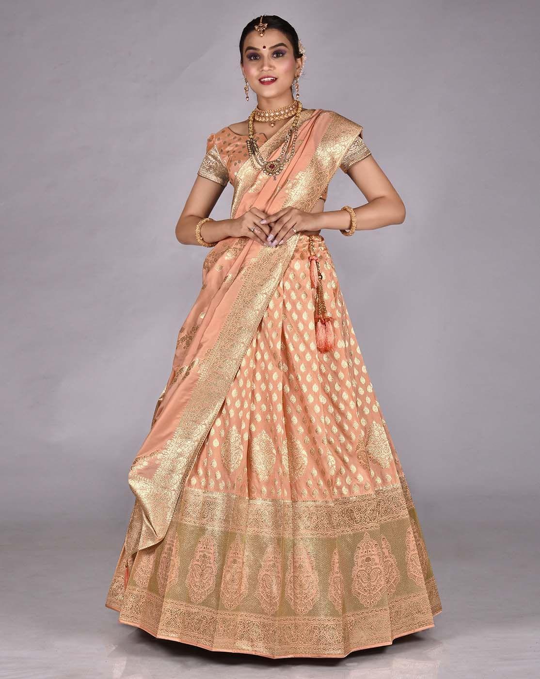 Peach Banarasi Silk Lehenga With Unstitched Blouse And Dupatta