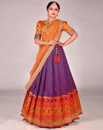 Navy Blue And Gold Banarasi Silk Woven Lehenga Choli With Dupatta