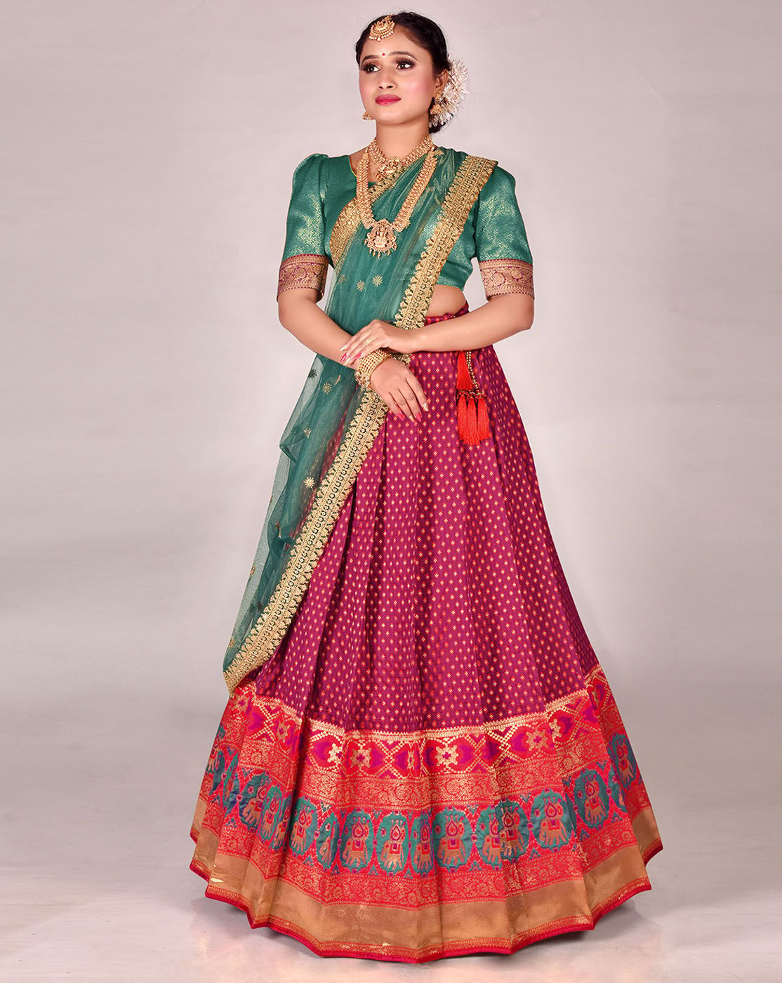 Magenta And Rama Banarasi Silk Woven Lehenga Choli With Dupatta