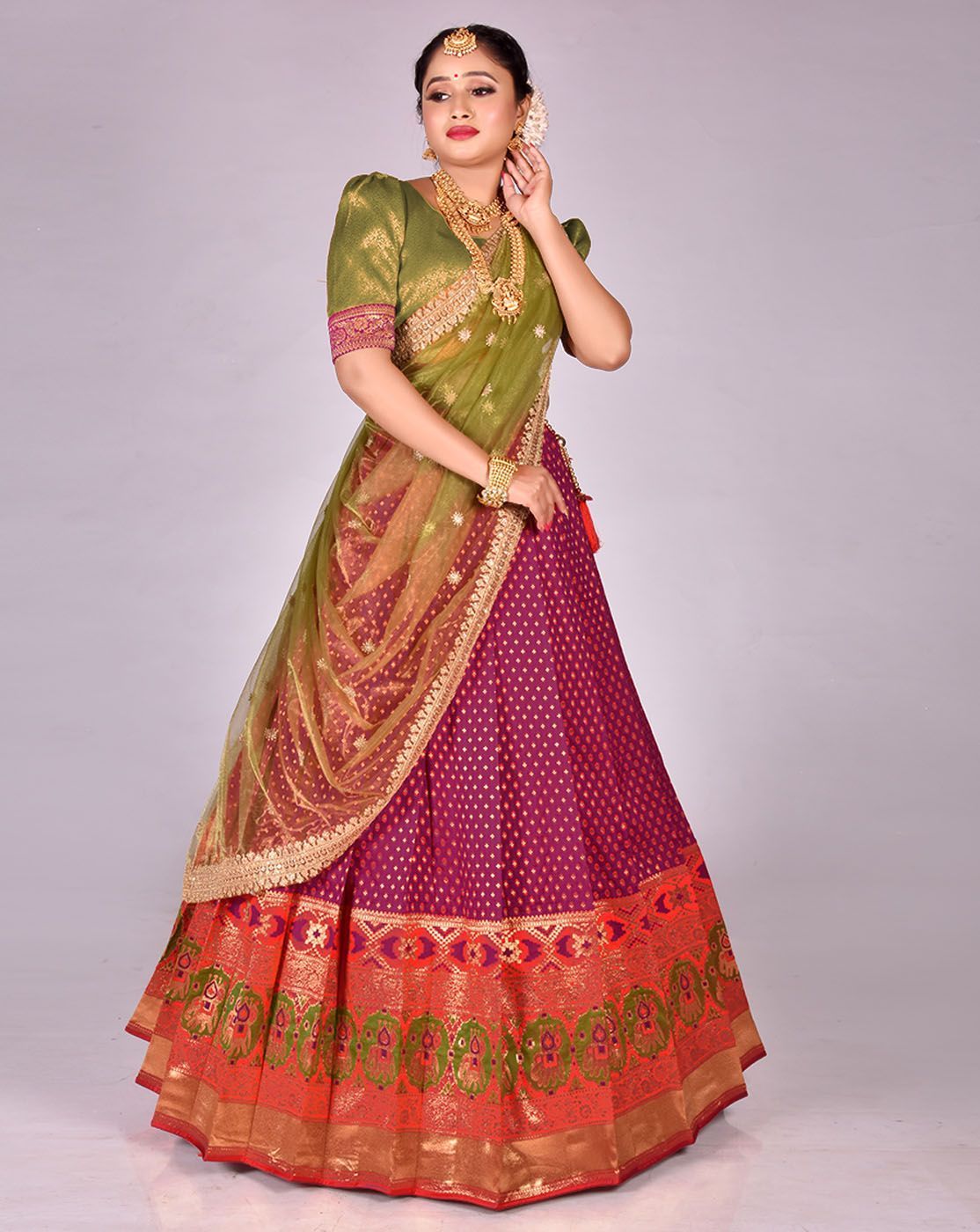 Magenta And Mehendi Banarasi Silk Woven Lehenga Choli With Dupatta