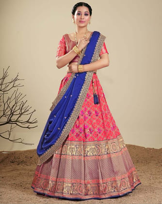 Gajari And Blue Latest Banarasi Silk Zari Lehenga For Women