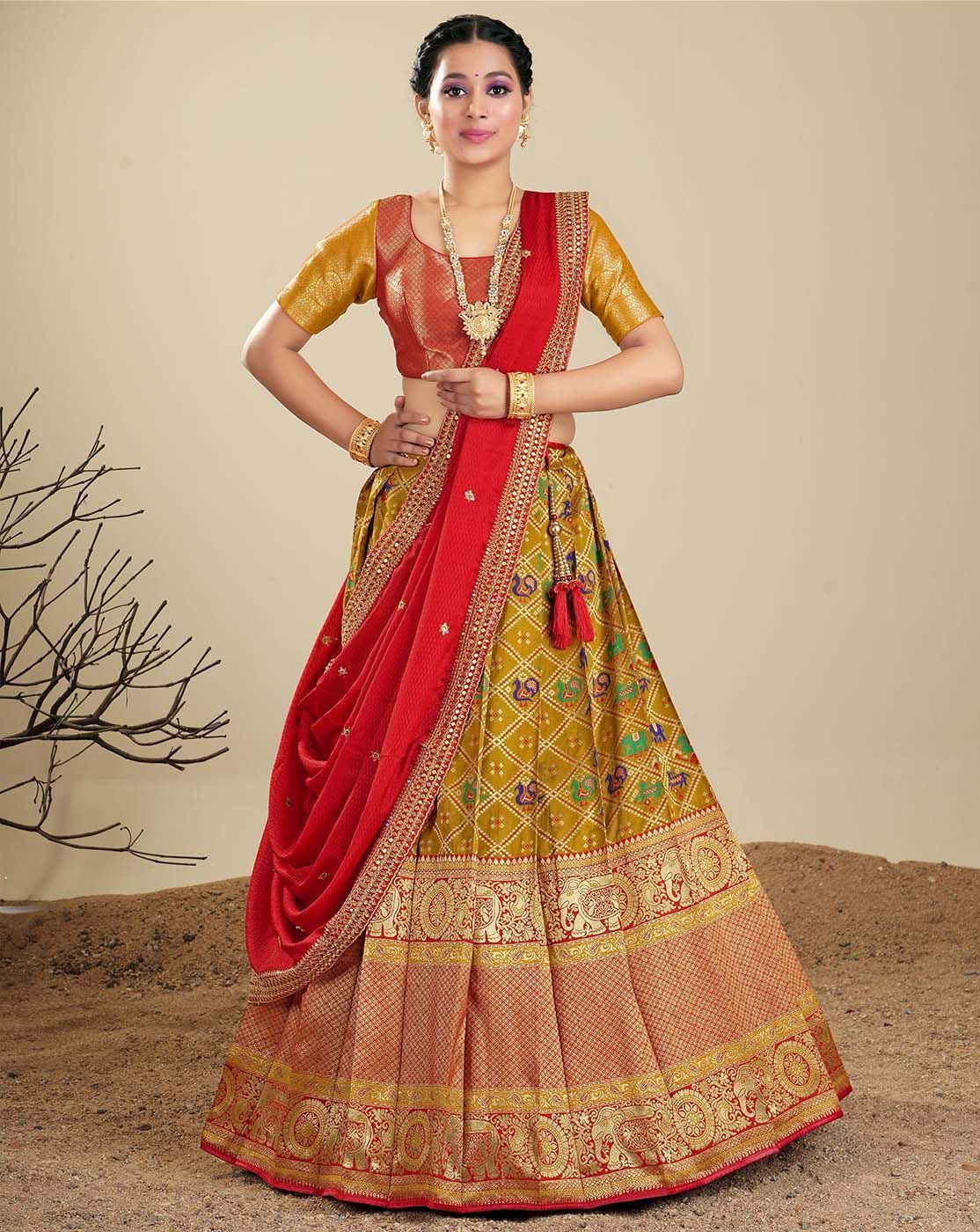 Musterd And Red Latest Banarasi Silk Zari Lehenga For Women