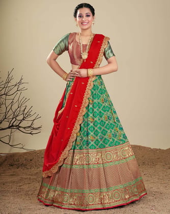 Green And Red Latest Banarasi Silk Zari Lehenga For Women