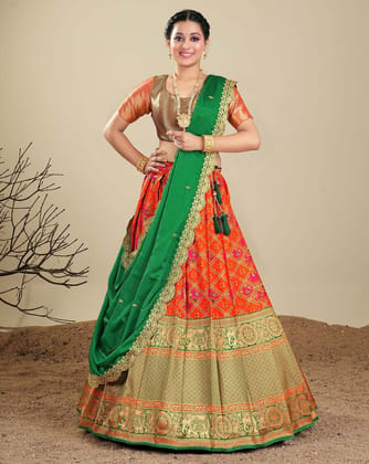 Orange And Green Latest Banarasi Silk Zari Lehenga For Women