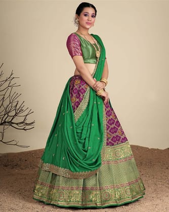 Wine And Green Latest Banarasi Silk Zari Lehenga For Women