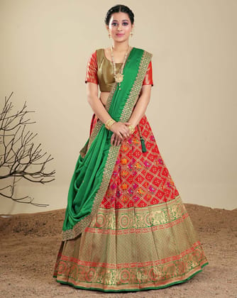 Red And Green Latest Banarasi Silk Zari Lehenga For Women