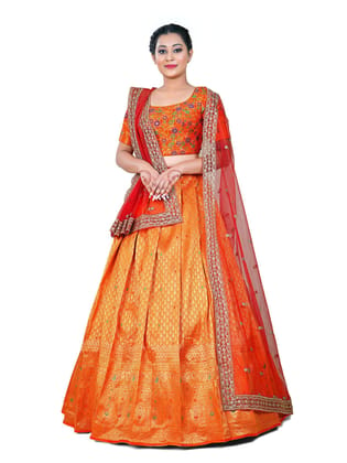 Gold Red Banarasi Silk Zari Work Lehenga With Dupatta And Unstitched Blouse.