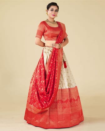 Cream And Red Banarasi Silk Half Saree