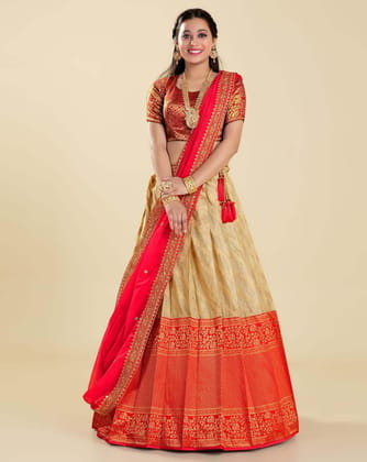 Chiku And Red Pure Banarasi Silk Zari Work Half Saree Lehenga