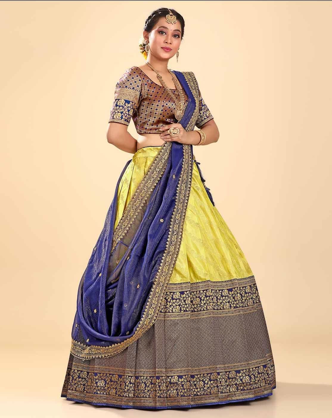 Lemon And Blue Pure Banarasi Silk Zari Work Half Saree Lehenga