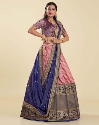 Wine And Blue Pure Banarasi Silk Zari Work Half Saree Lehenga