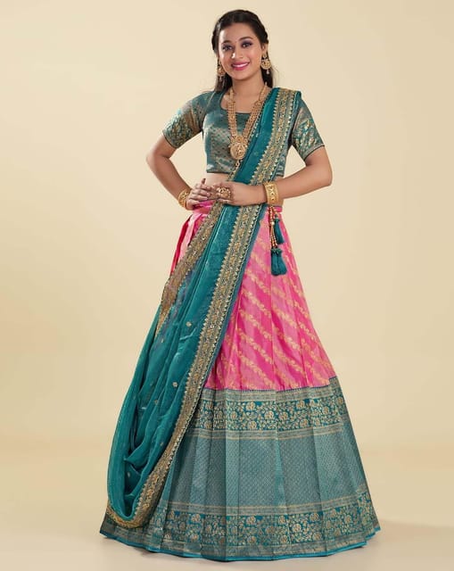 Pink & Orange Two Tone Silk Grand Work Lehenga Saree – nandikasarees.co.uk