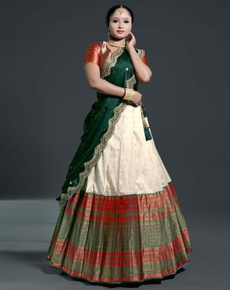 Bottle Green And Red Banarasi Silk Semi-Stitched Lehenga For Women