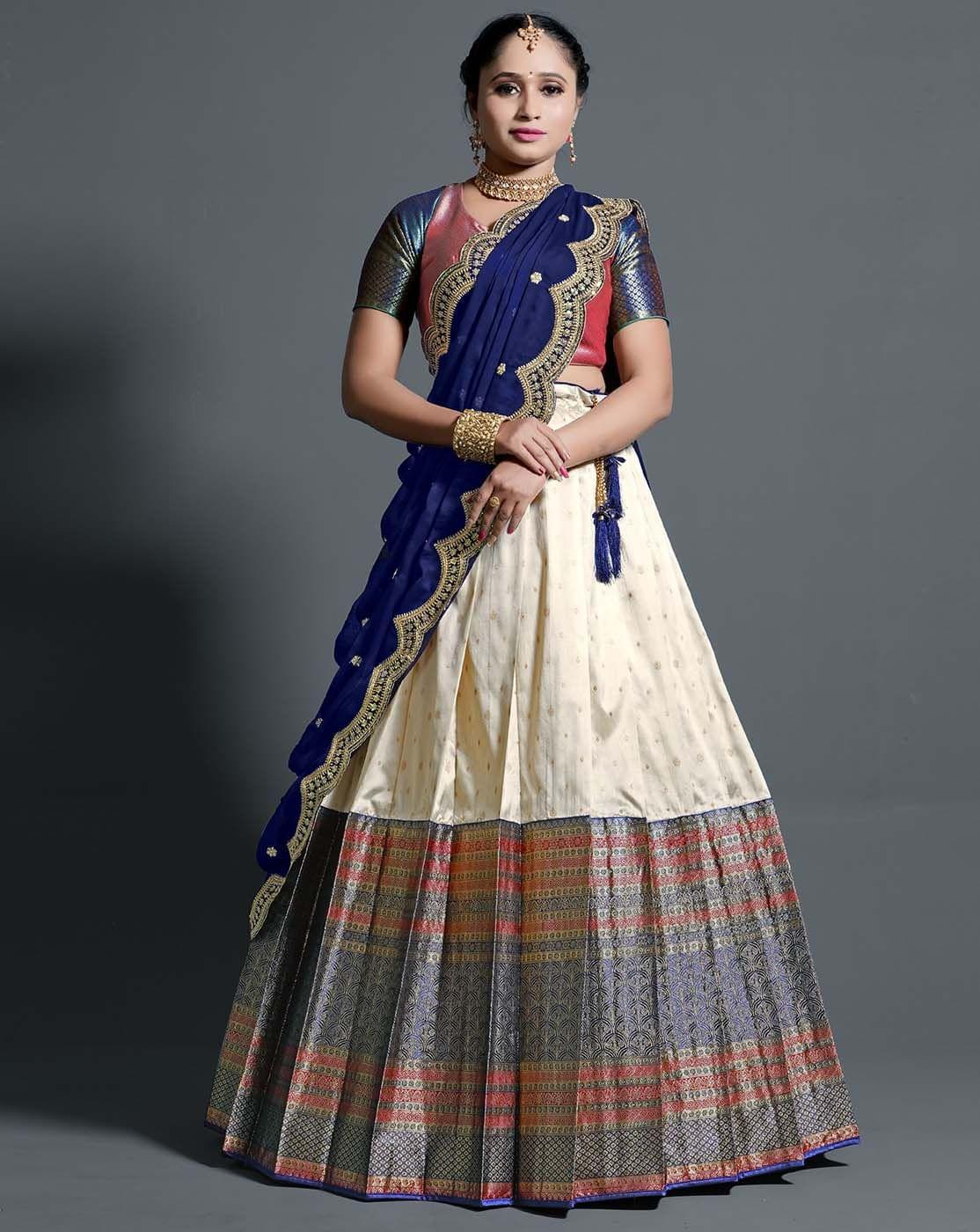 Blue And Red Banarasi Silk Semi-Stitched Lehenga For Women