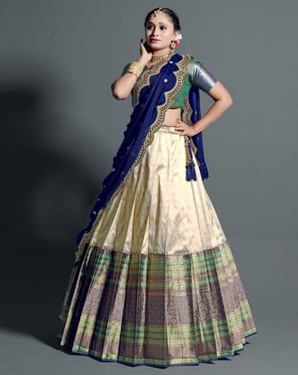 Blue And Green Banarasi Silk Semi-Stitched Lehenga For Women