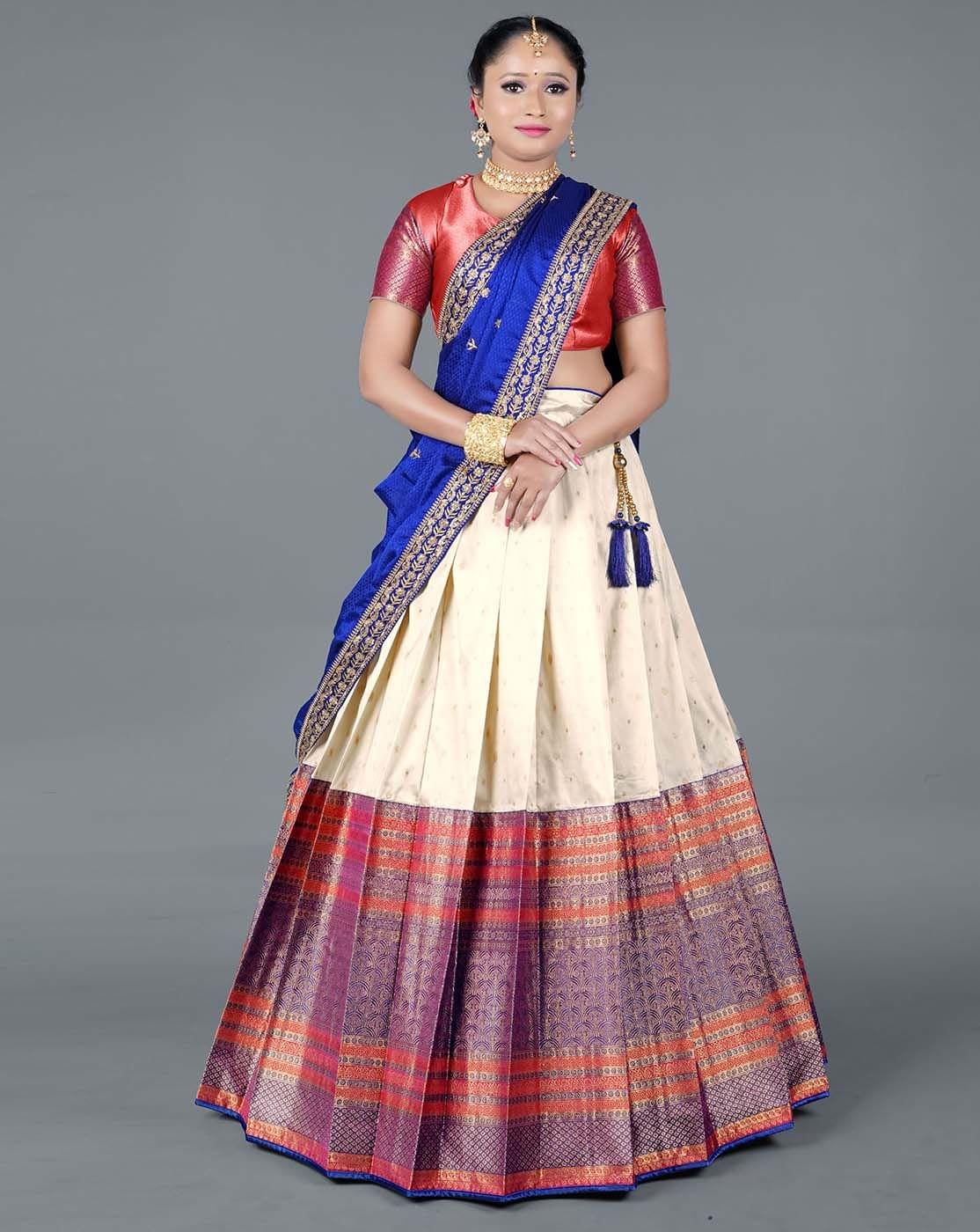 Blue And Red Banarasi Silk Semi-Stitched Lehenga For Women