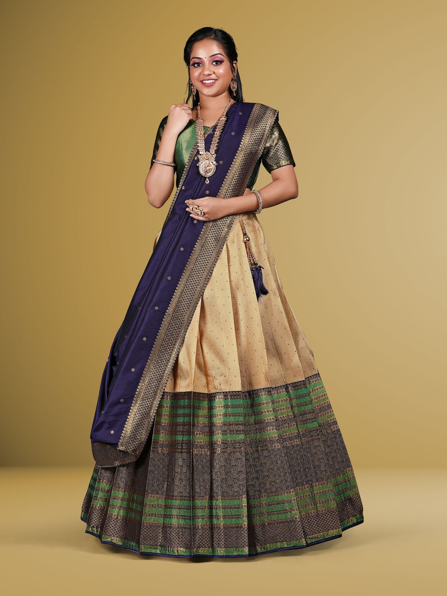 Blue Green Banarasi Silk Zari Work Semi Stitched Lehenga Choli For Women