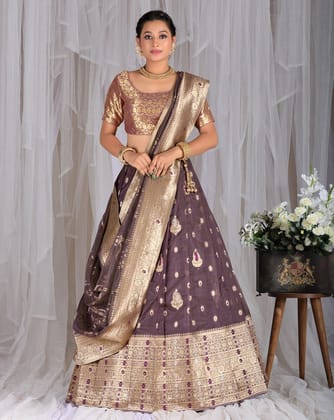 Purple Tissue Jacquard Lehenga Set With Zari Weaving