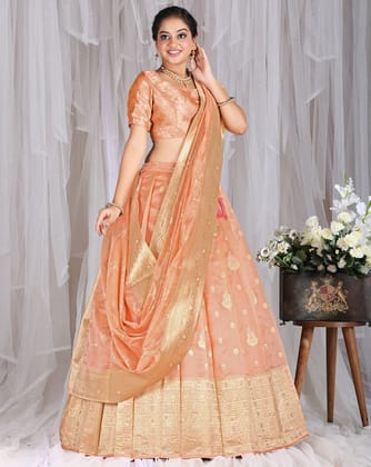 Peach Tissue Jacquard Lehenga Set With Zari Weaving