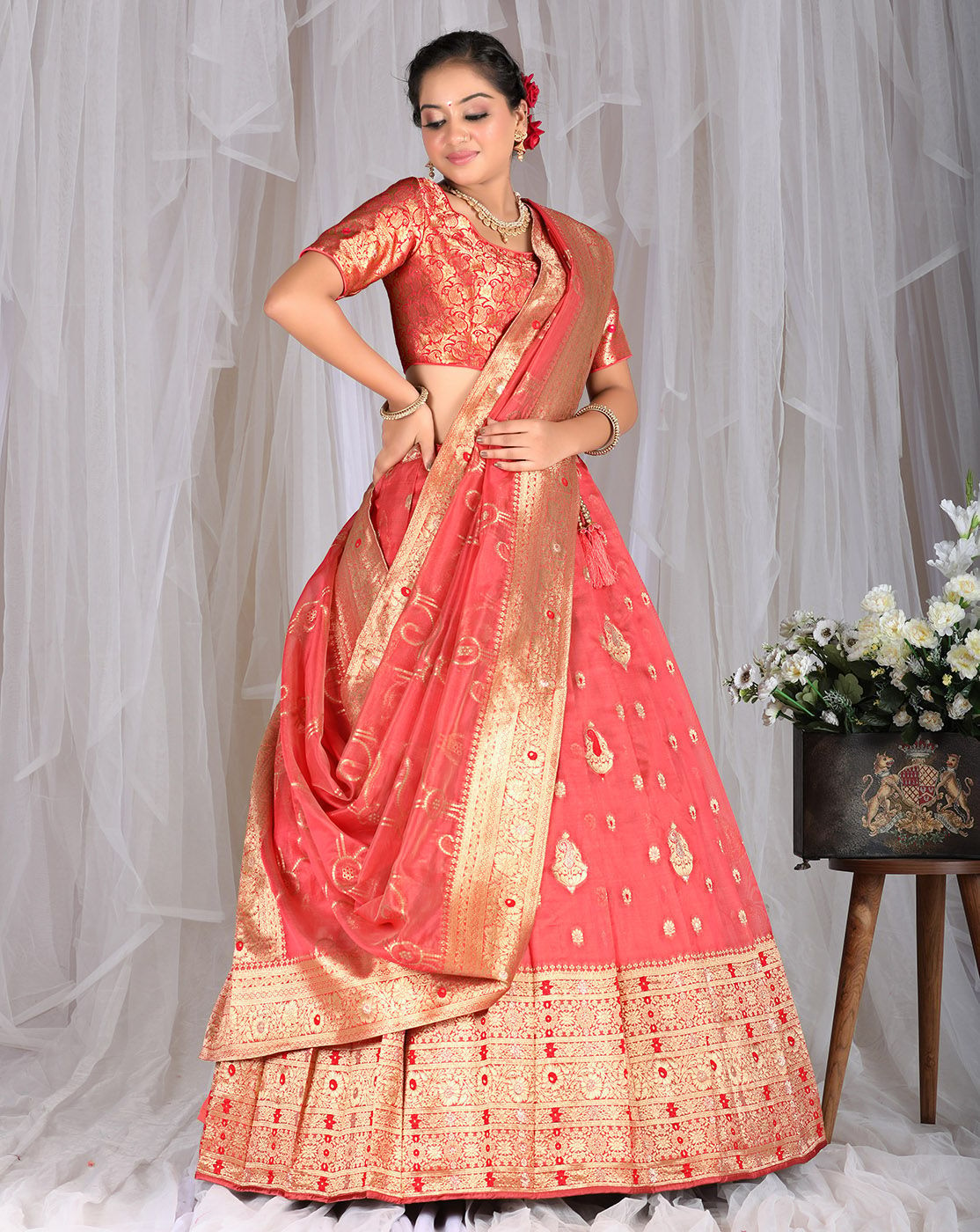 Red Tissue Jacquard Lehenga Set With Zari Weaving