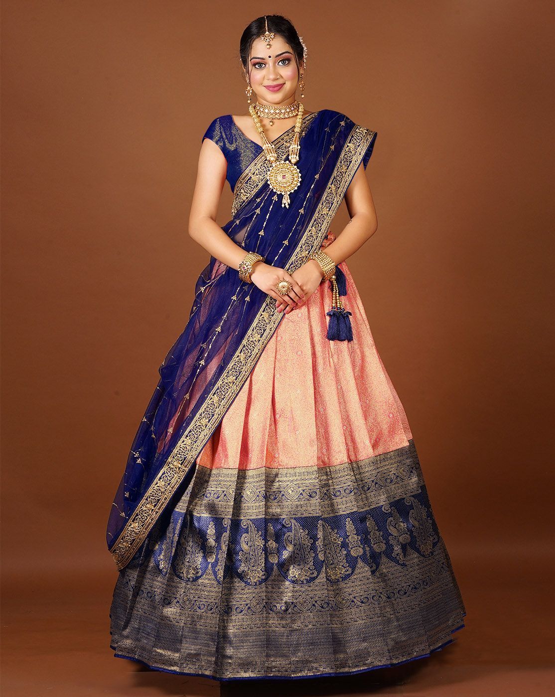 Gajari And Blue Latest Kanjivaram Silk Lehenga With Zari Woven