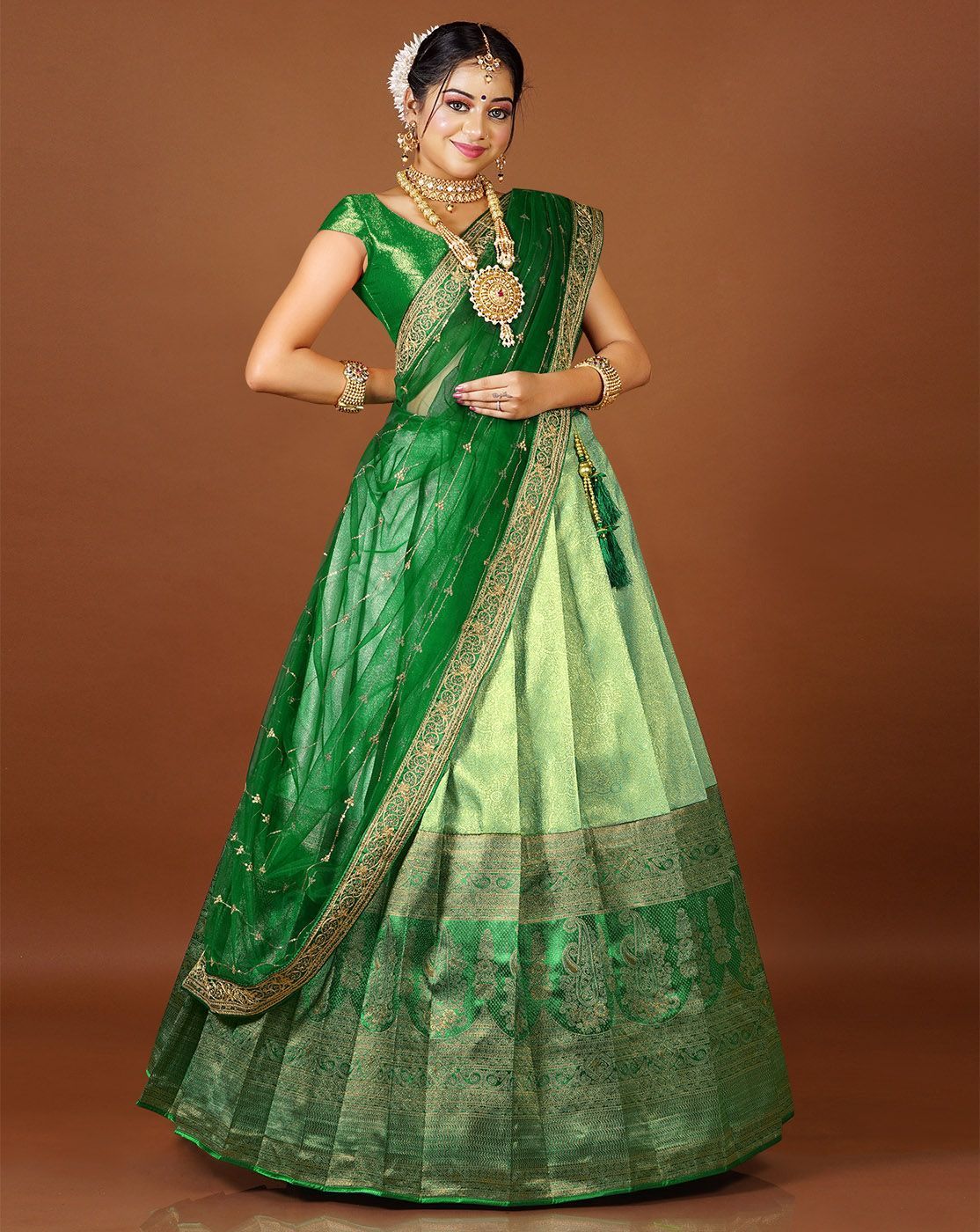 Sea Green And Green Latest Kanjivaram Silk Lehenga With Zari Woven