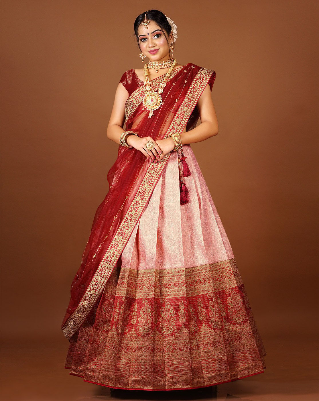 Pink And Maroon Latest Kanjivaram Silk Lehenga With Zari Woven