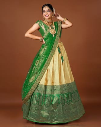 Peach And Green Latest Kanjivaram Silk Lehenga With Zari Woven