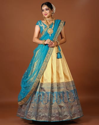 Peach And Rama Latest Kanjivaram Silk Lehenga With Zari Woven