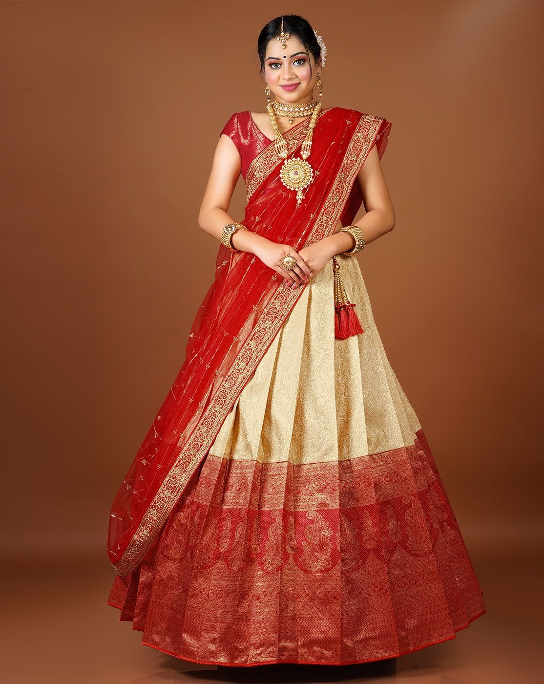 Peach And Red Latest Kanjivaram Silk Lehenga With Zari Woven