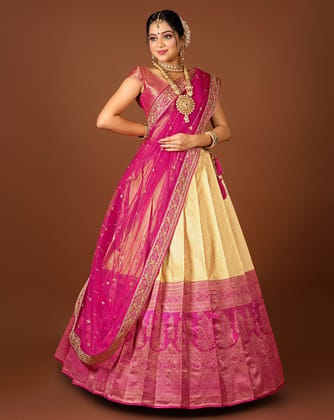 Peach And Rani Latest Kanjivaram Silk Lehenga With Zari Woven