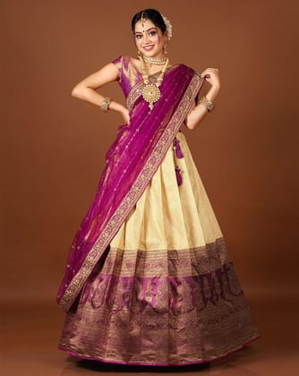 Peach And Wine Latest Kanjivaram Silk Lehenga With Zari Woven