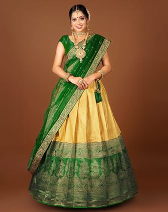 Yellow And Green Latest Kanjivaram Silk Lehenga With Zari Woven