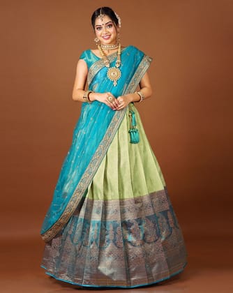 Pista And Rama Latest Kanjivaram Silk Lehenga With Zari Woven