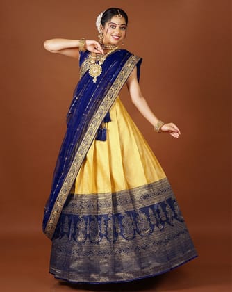 Yellow And Blue Latest Kanjivaram Silk Lehenga With Zari Woven