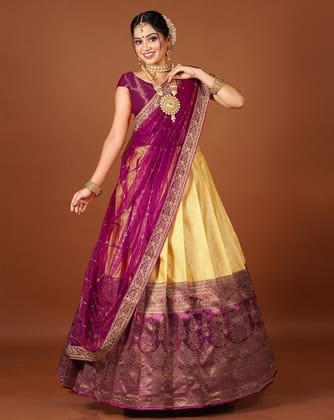 Yellow And Wine Latest Kanjivaram Silk Lehenga With Zari Woven