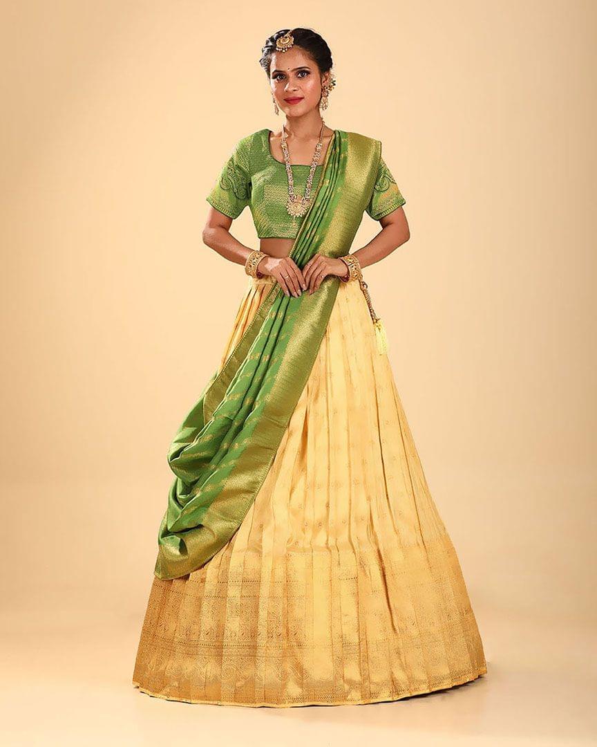 Zari Woven Lemon Green Lehenga Choli For Women